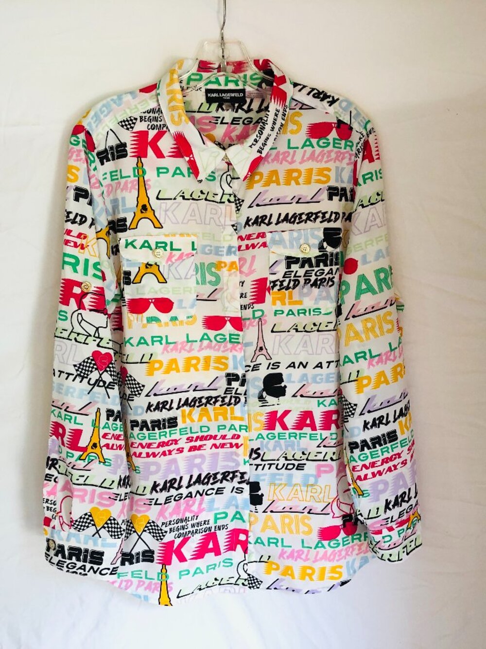 Karl Lagerfeld Women's Large Button Up Blouse Tunic Colorful Paris Eiffel Tower